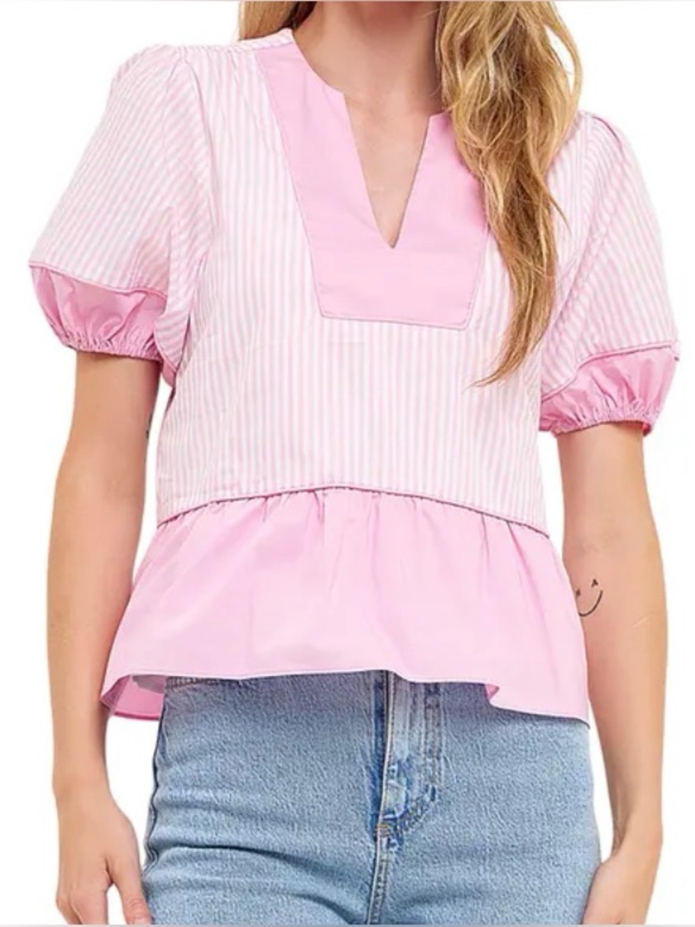 ENGLISH FACTORY Contrast Stripe Puff Sleeve Top In Pink NWOT (S) Ptp 18.5”